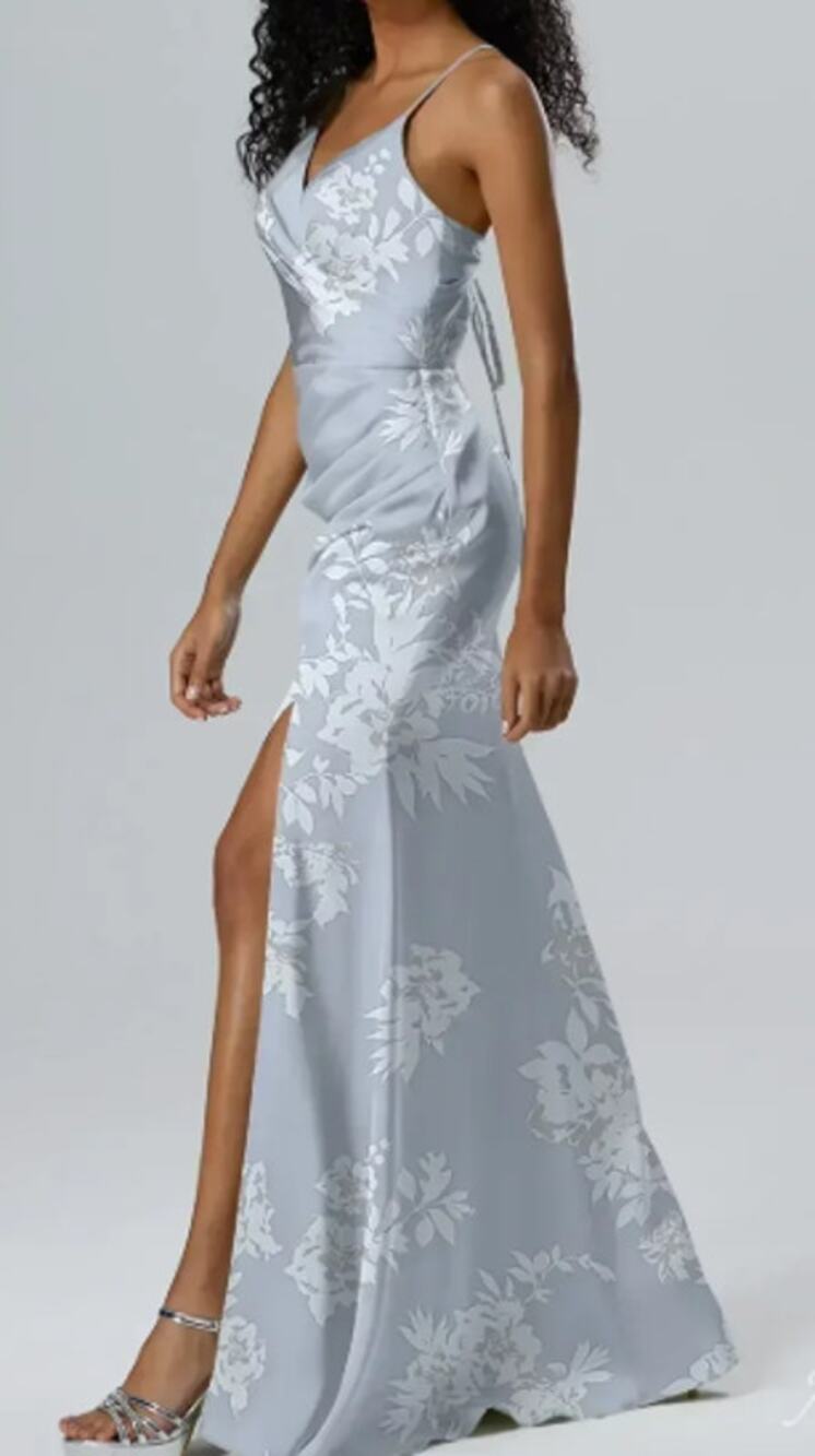 AW BRIDAL 0 XS blue mist peony floral Romilda Satin formal Maxi Dress New b30